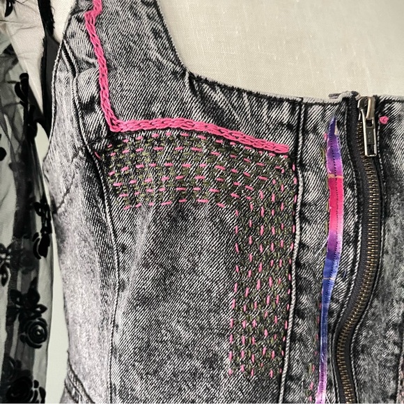 We The Free Upcycled denim overall dress Sashiko embroidered handmade size 12 - Picture 4 of 13